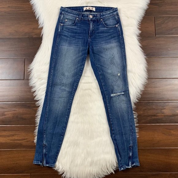 Amo Women's Size 25 Medium‎ Wash Dive Bar Destroy Skinny Twist Zip Denim Jeans - Picture 1 of 10